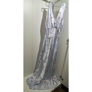 Y2K Satin Floral Maxi Slip Dress Silver Blue Empire Waist 90s Lingerie Style